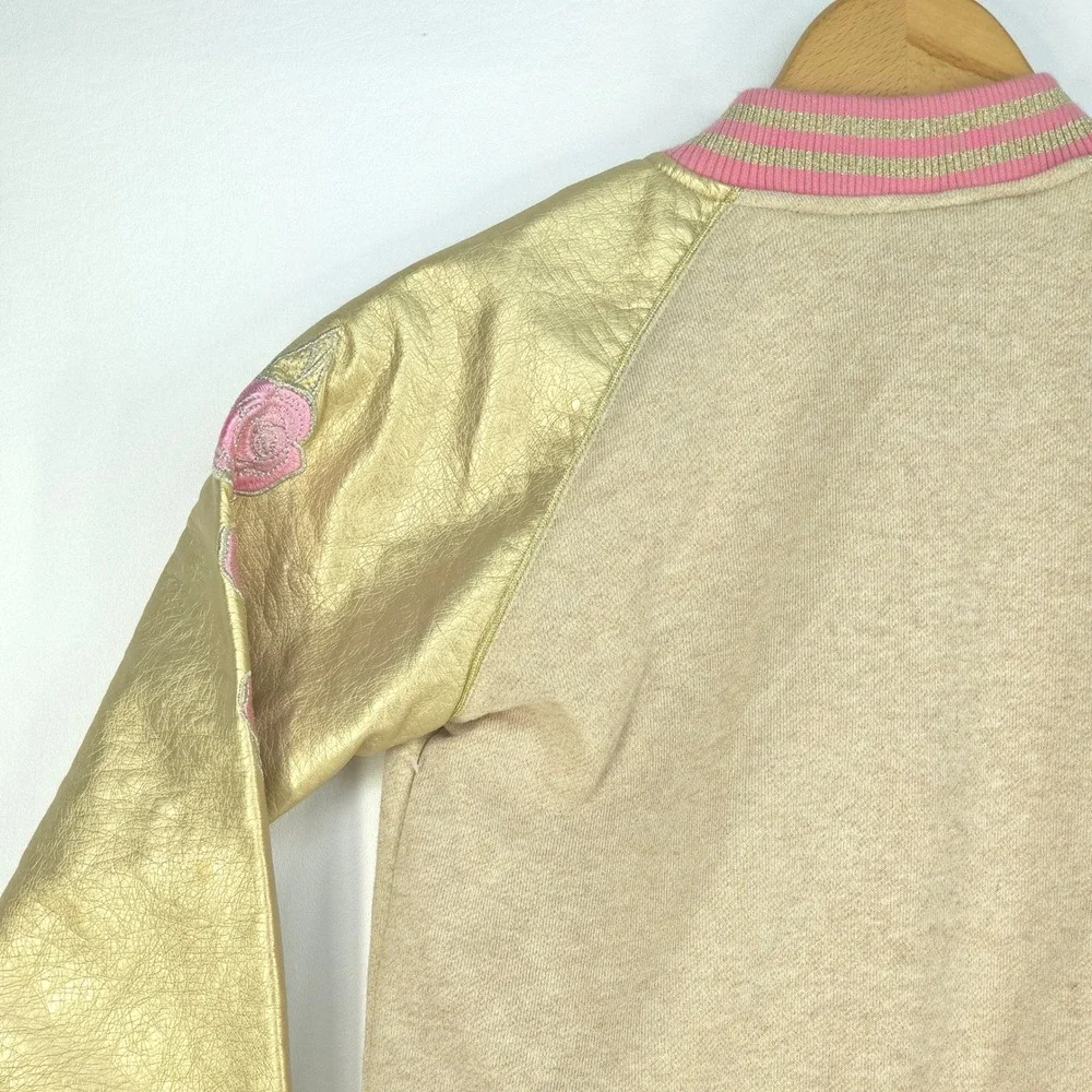 Disney Belle Gold Sleeve Bomber Jacket Girls 7/8 Floral Embroidery Princess Cute